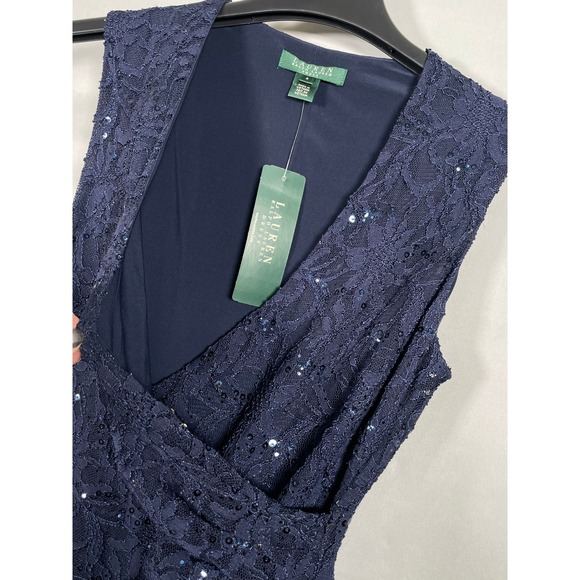 Lauren Ralph Lauren Navy Blue Sequin Lace V-Neck Cocktail Dress Size 4 NEW - Picture 5 of 15